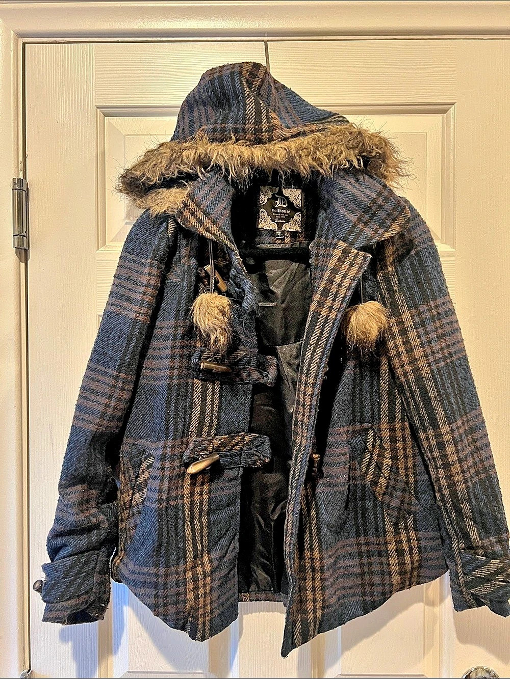 Dollhouse Exclusive Plaid Hooded Jacket in Blue & Brown